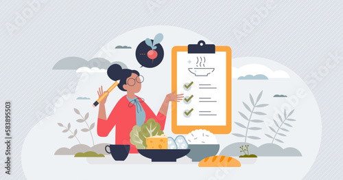 Meal planning as plan for effective food preparation tiny person concept. Healthy eating with balanced vegetables, meat and vitamins intake for weight loss vector illustration. Diet organizing chart.