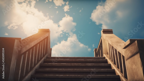 Staircase leading up to the sky with sun rays and clouds. Generative Ai