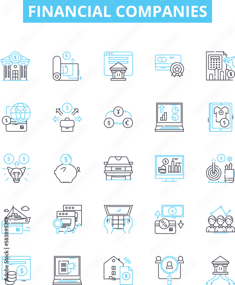 Financial companies vector line icons set. Banking, Financing, Insurance, Investment, Credit, Funds, Capital illustration outline concept symbols and signs Financial companies vector line icons set. Banking, Financing, Insurance, Investment, Credit, Funds, Capital illustration outline concept symbols and signs