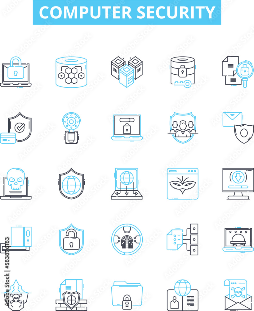 Computer security vector line icons set. Antivirus, Firewall, Encryption, Patching, Phishing, Malware, Vulnerability illustration outline concept symbols and signs