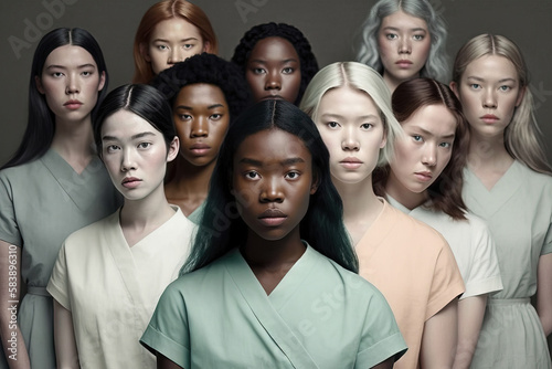Mixed-races busy team of female doctors posing to camera. International group of medics. Protected multi ethnic physicians and nurses in clinic. Generative ai