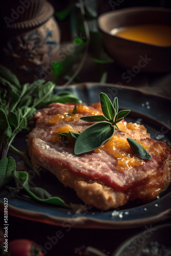 Saltimbocca. Veal schnitzel with sage and Parma ham. (Generative ai)