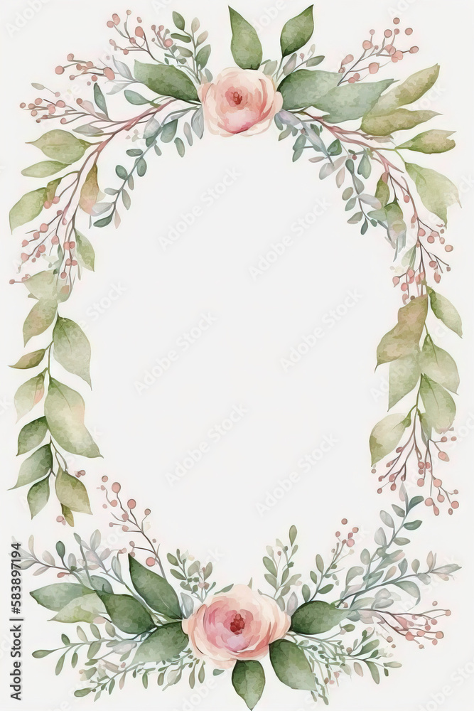 Fototapeta premium Watercolor banner with green eucalyptus leaves and branches. Spring or summer flowers for invitation, wedding or greeting cards. Generative AI