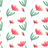 Seamless floral pattern. Watercolor background with pink and red abstract flowers, bud, green leaves and stem for textile, wallpapers, home decor