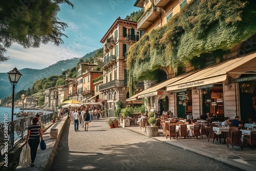 Como City Waterfront, Leisurely Stroll, Vibrant Cafes, Shops, Historic Buildings, Generative AI