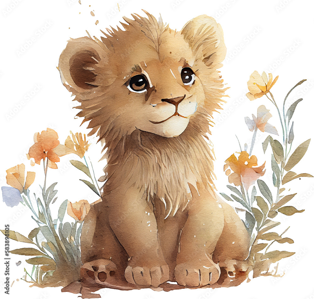 African funny baby lion with flowers for kids . Watercolor lion PNG.  Generative AI Stock Illustration | Adobe Stock