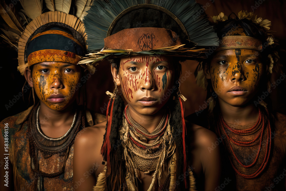 Group portrait of indigenous people from the Amazon with ritual ...
