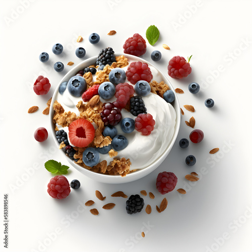 Bowl of yogurt with granola, dry raspberries and blueberries.ai generative