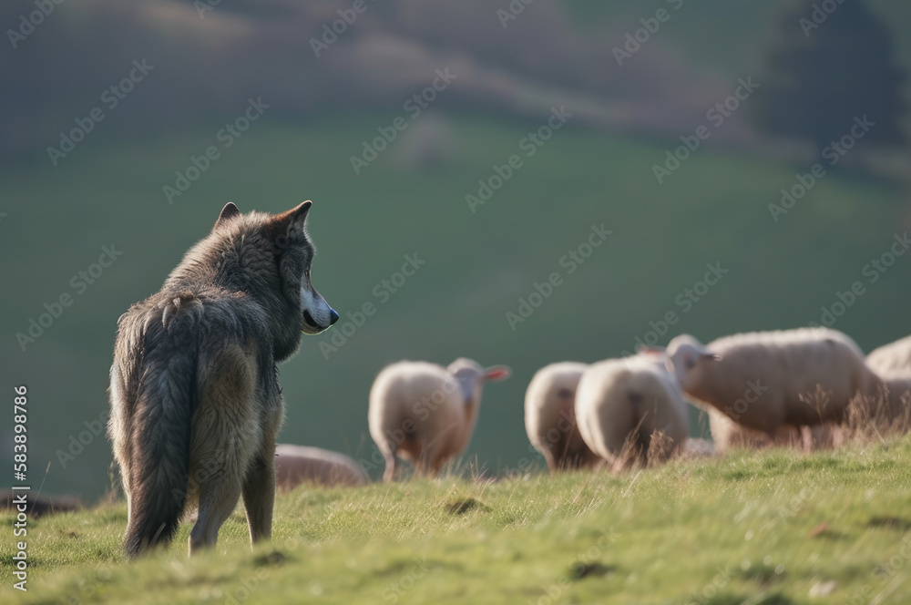 Wolf watching herd of sheep on the meadow. Generative AI Wolf watching herd of sheep on the meadow. Generative AI