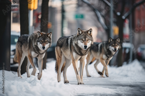 A pack of wolves in the city. Generative AI