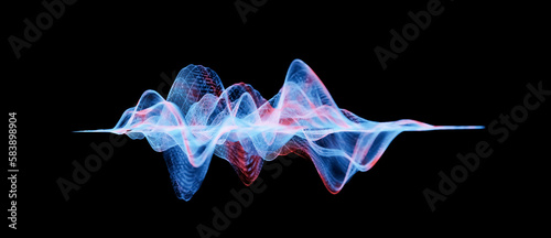 Illustration of abstract blue glowing wireframe sound waves, visualization of frequency signals audio wavelengths, waveform background with copy space for text photo