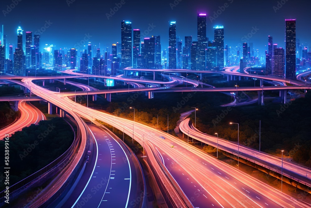 futuristic modern future city with highway road at night, generative art by A.I.