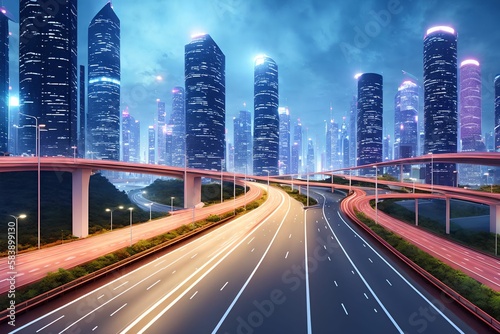 futuristic modern future city with highway road at night, generative art by A.I. © Flash