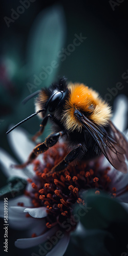 Detailed macro image of a bumblbee collecting nectar from a blossom generative ai. Bumblee on a flower