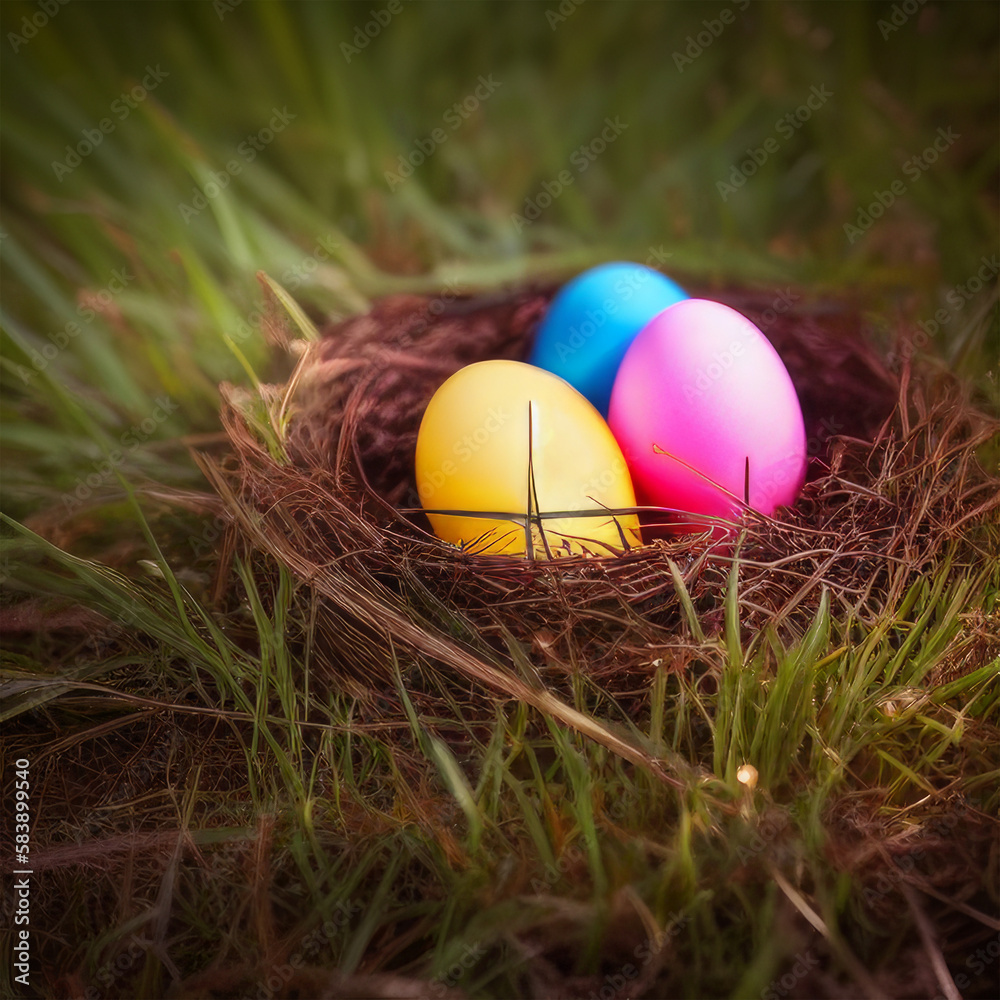 a nest filled with eggs sitting on top of a grass field.