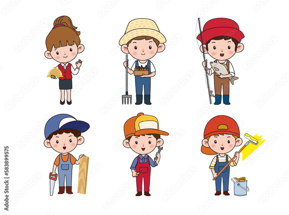 Kids professions. Cartoon cute children dressed in different occupation uniform. Vector characterspainterp with jobs different occupation.