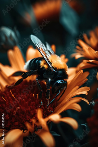 Detailed macro image of a bumblbee collecting nectar from a blossom generative ai. Bumblee on a flower photo