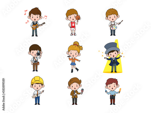 Kids professions. Cartoon cute children dressed in different occupation uniform. Vector characters with jobs different occupation.