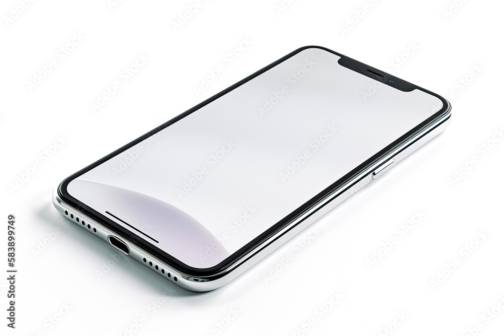 Smartphone Like the iPhone 14 with a blank white screen, isolated on white background. Smartphone Like the iPhone 14 with a blank white screen, isolated on white background.