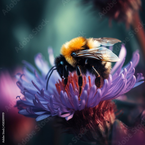 Detailed macro image of a bumblbee collecting nectar from a blossom generative ai. Bumblee on a flower photo