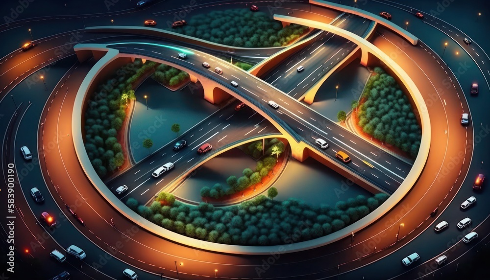 Aerial view of traffic on massive highway intersection, generative ai Aerial view of traffic on massive highway intersection, generative ai
