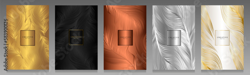 Metal covers with feathers. Elegant gold, black, copper, silver and platinum brochures. Vector template, plumage collection, luxury backgrounds.