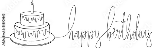 continuous single line drawing of text HAPPY BIRTHDAY and birthday cake with candle on top, line art vector illustration