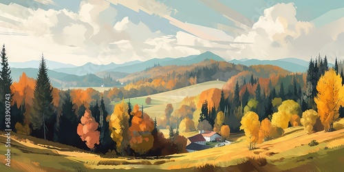 In autumn, Podobovets village offers a stunning view of Borzhava mountains and farmlands in Carpathian mountains, Generative AI photo