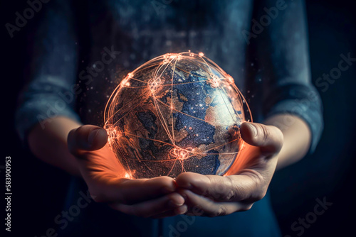 Hands holding globe earth with global network connect  illustration  generative ai