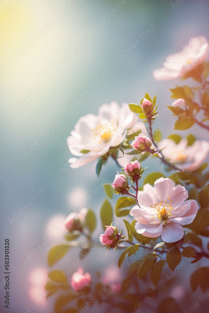 Blooming rose bush. Natural floral spring background. generative ai spring floral wallpaper. Soft selective focus on rose blossoms Blooming rose bush. Natural floral spring background. generative ai spring floral wallpaper. Soft selective focus on rose blossoms