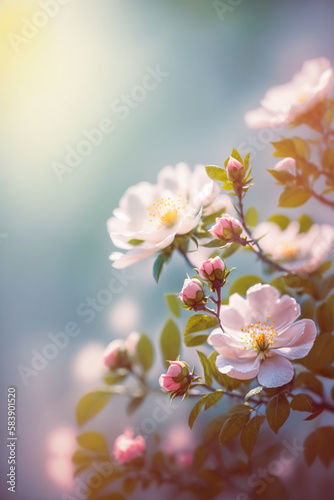 Blooming rose bush. Natural floral spring background. generative ai spring floral wallpaper. Soft selective focus on rose blossoms