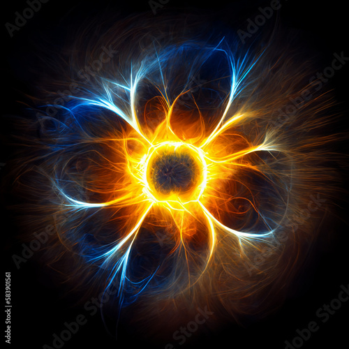 Futuristic space particles in bright round energy structure. Space design element. Abstract colorful energy starlights. Created by artificial intelligence.
