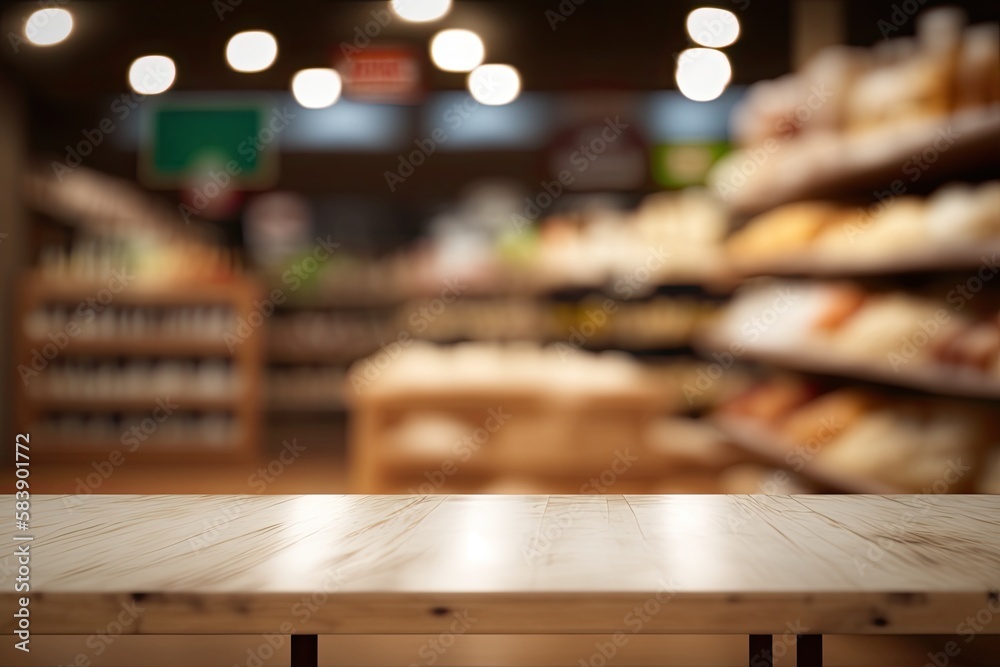 Empty Product Display Table with a Grocery Store Background (Generative AI) Empty Product Display Table with a Grocery Store Background (Generative AI)