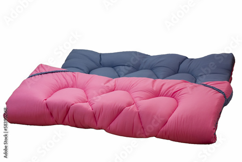 A white di-cut background image (isolate) of the blue with pink mattress topper.