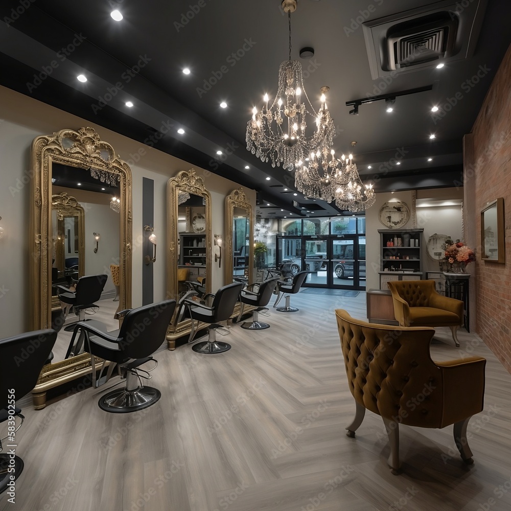 Naklejka premium Luminous beauty hair salon with soft lighting, Generative AI