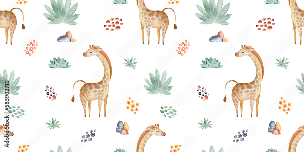 Animals of Africa seamless pattern with tropical leaves. Watercolor seamless pattern. Packaging design, poster, fabrics, digital paper, sublimation.