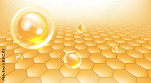 Probiotic and Hyaluronic acid skin solutions ad, gold collagen, and vitamin serum drops with cosmetic advertising background ready to use illustration vector.	