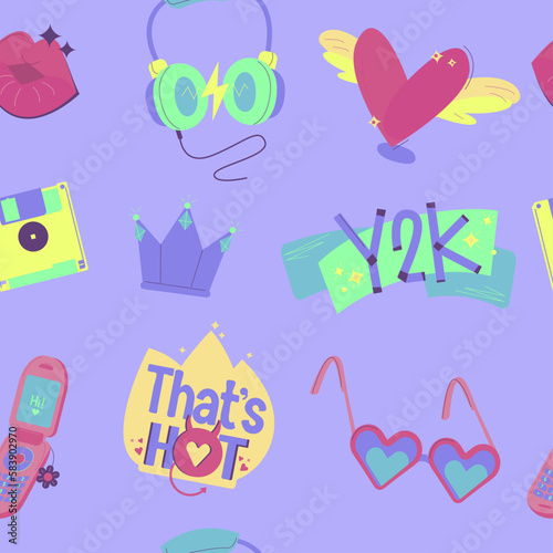 Y2K seamless pattern with colorful stickers. Vector illustration