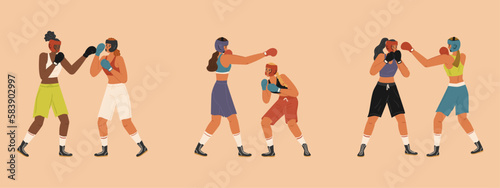 Portrait of two female professional boxers characters isolated vector illustration. Woman athletes in boxing gloves sparring. Sport combat training concept