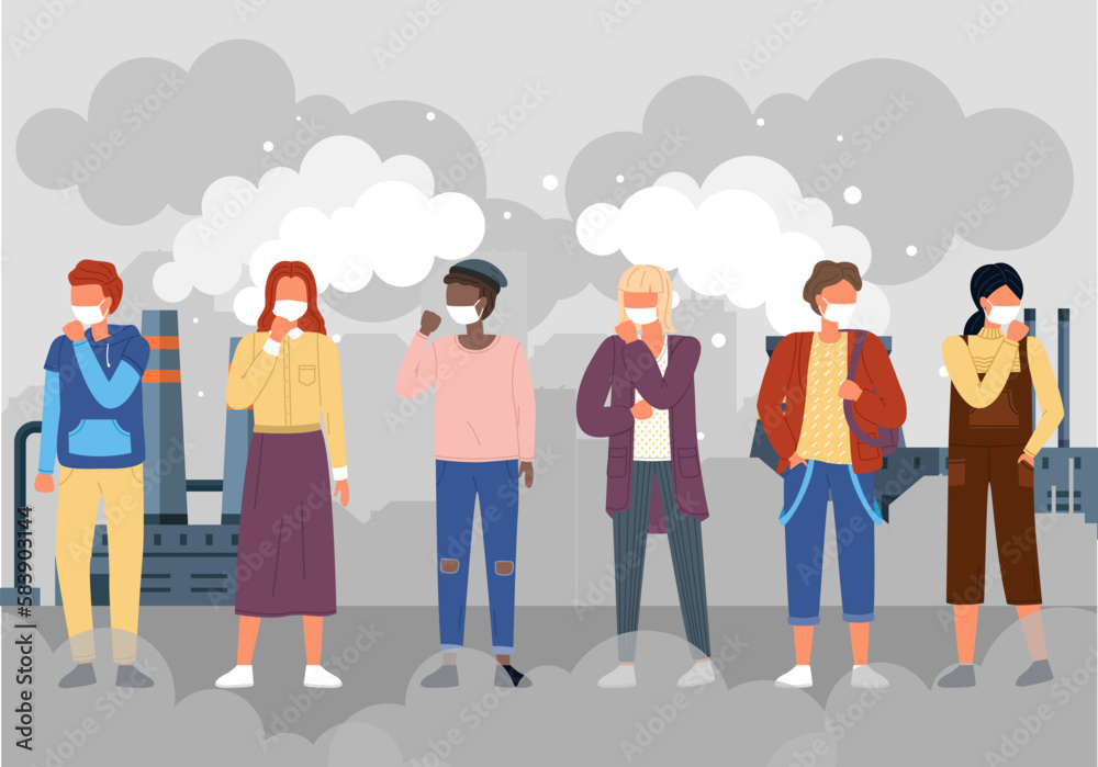 Air pollution source, dirty environment and polluted air. Save the planet. Earth day. People wearing mask. Urban air pollution. People clean environment earth. City smoke. Global eco balance planet