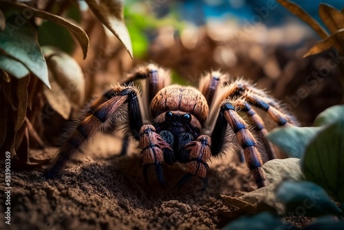 Tarantula spider close up in terrarium. Home pet enclosure creepy brown exotic dangerous predator zoology object macro