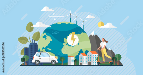 Fototapeta Naklejka Na Ścianę i Meble -  Clean energy. Renewable green energy sources. Clean electric energy from renewable sources sun wind. Recycle. Power plant station buildings with solar panels and wind turbines. Green city. Save planet