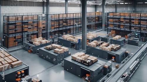 Organized warehouse interior showcases efficiency in logistics and supply chain management. Effective inventory control, order fulfillment, and space optimization. Generative AI photo