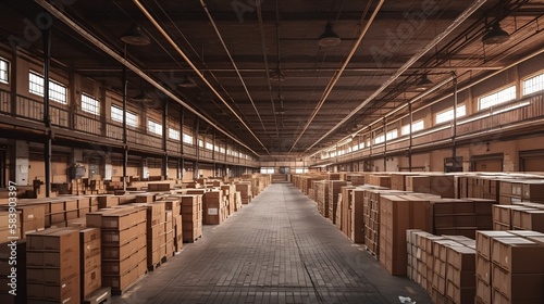 Organized warehouse interior showcases efficiency in logistics and supply chain management. Effective inventory control, order fulfillment, and space optimization. Generative AI