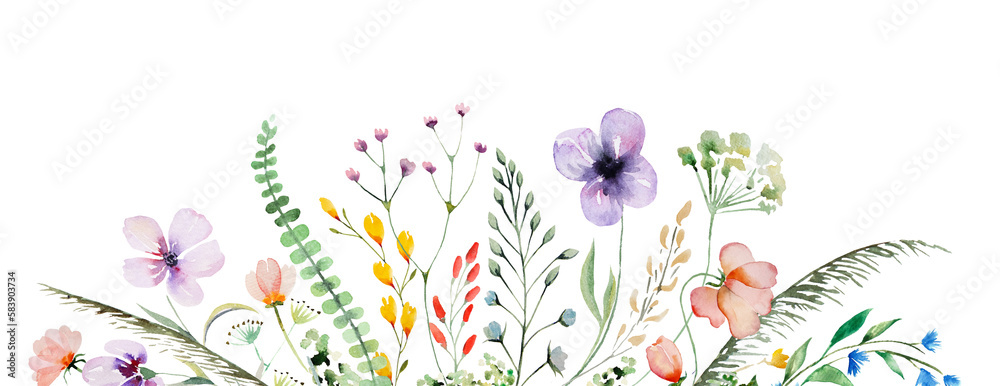 Border made of watercolor wild flowers and leaves, summer wedding and greeting illustration - obrazy, fototapety, plakaty 