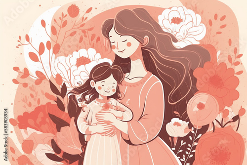 Illustration of mother with her little child, concept of Mothers day. Generative AI