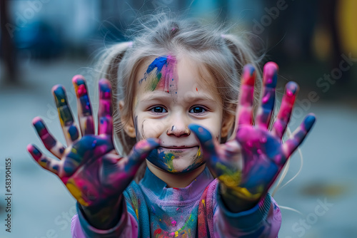 A child with painted hands. Generative Ai. 