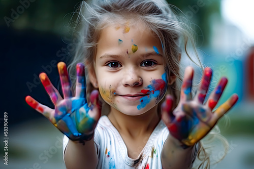 A child with painted hands. Generative Ai. 