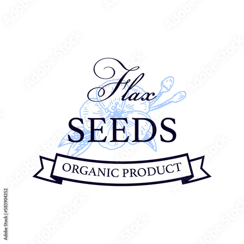 Flax logo template with hand drawn element. Vector illustration in sketch style. Design for linen products, seed, oil, packaging