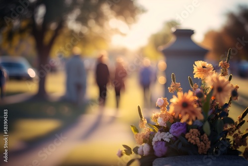 On Memorial Day, pay your respects with this beautiful wide shot of a cemetery featuring soft bokeh of flowers and defocused visitors in the background. generative ai